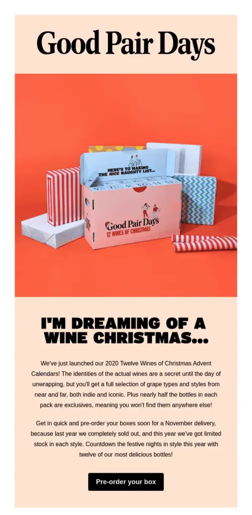 A marketing Christmas email example selling beverages.