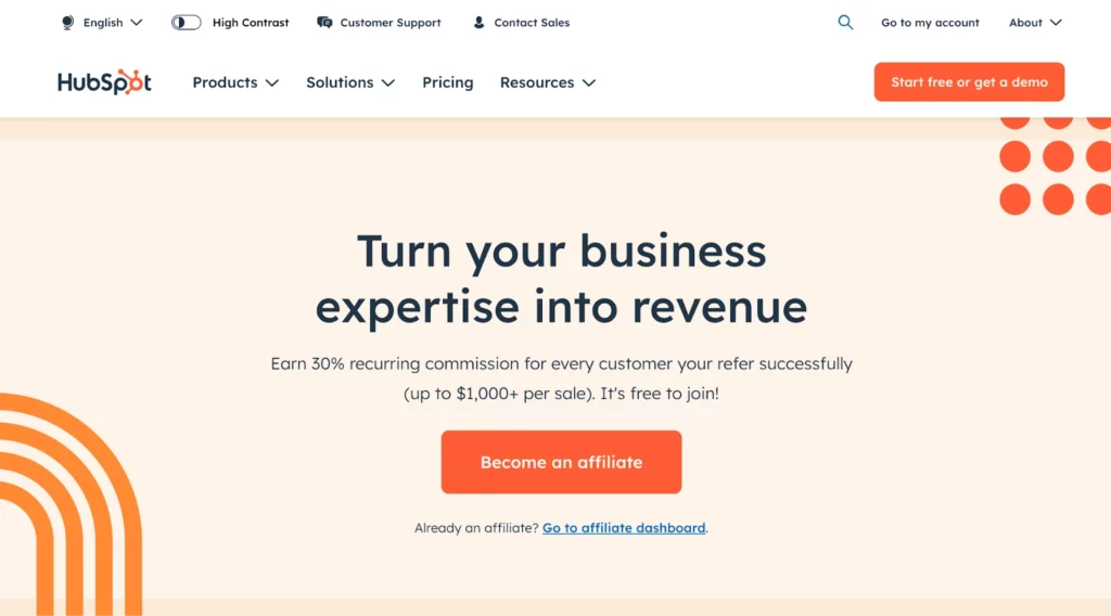 Landing page hero for HubSpot's affiliate email marketing program