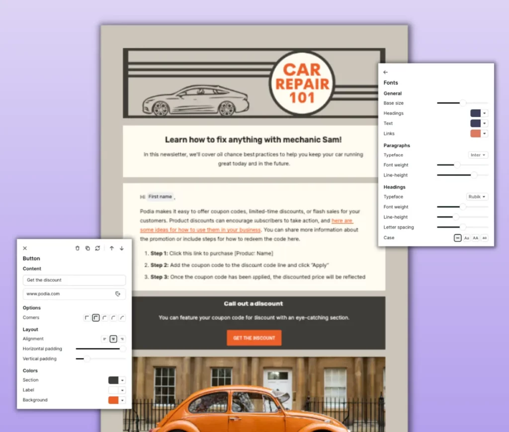 Designing an email in Podia, a Substack alternative