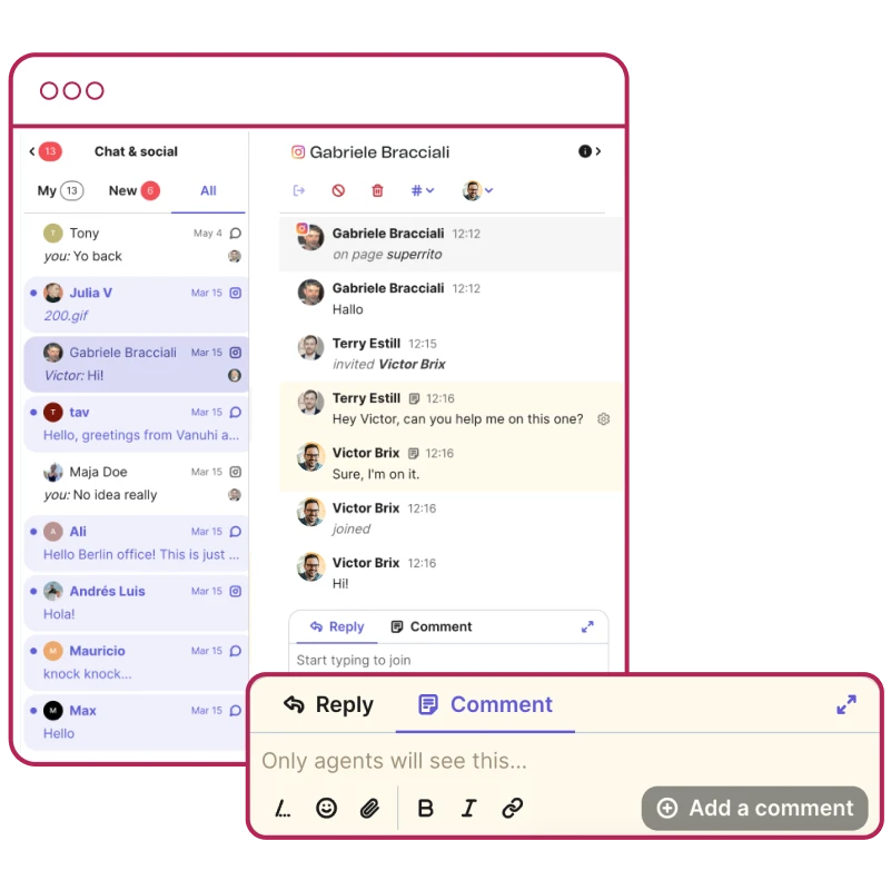 Centralized customer support and messaging showing conversations from social media, instagram, and email all in one place.
