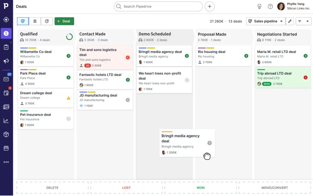 Interface of Pipedrive, a Keap alternative