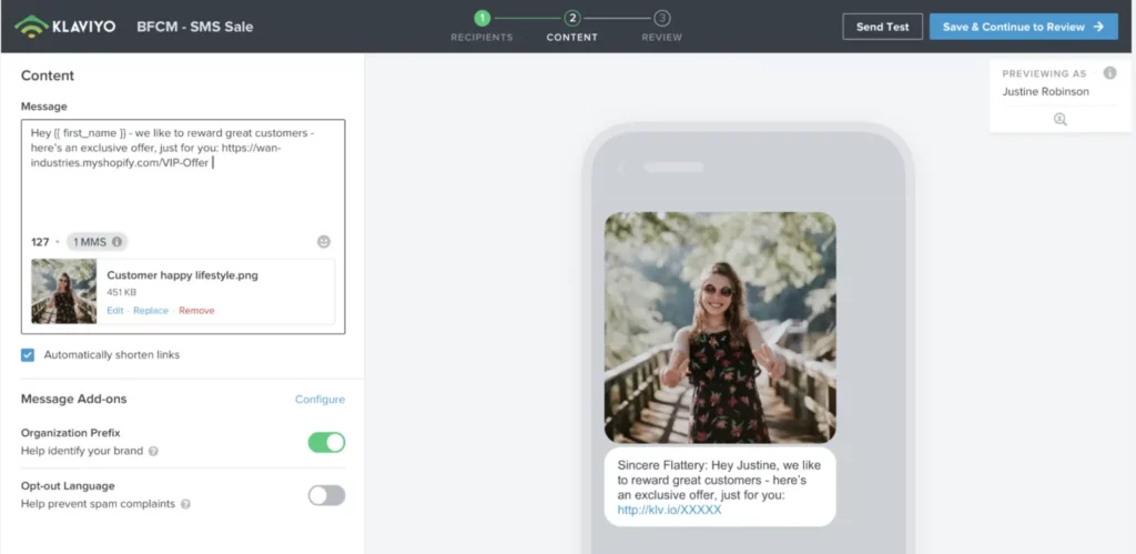 Editing an SMS campaign in Klaviyo