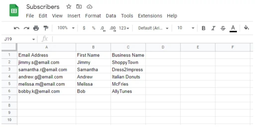 Google Sheet with contact information