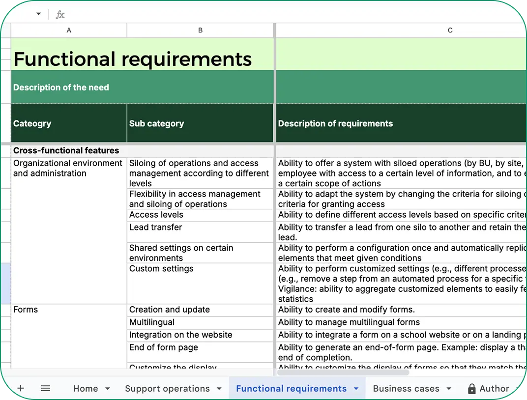 Functional requirements grid - detail your needs
