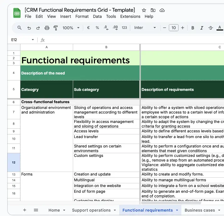 Functional requirements grid - detail your needs