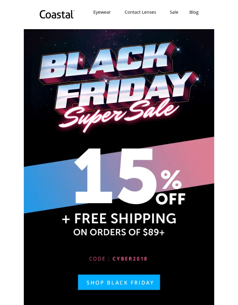 A Black Friday marketing email with a black background and a blue to pink gradient stripe across the center. The words "15% off + free shipping on orders of $89+" is written on top of the gradient stripe in white.