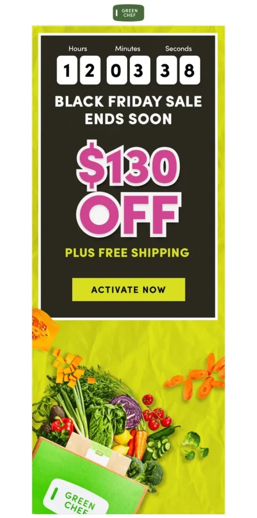 A black Friday marketing poster that shows $130 off plus free shipping. Below that there is a button that says "activate now".