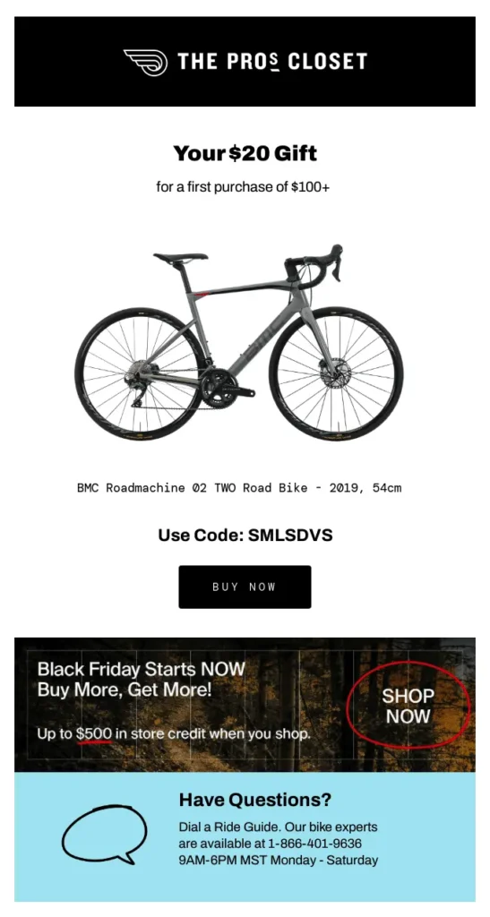 A Black Friday marketing idea shows a promotion for getting in-store credit when purchasing a bicycle. There is a bicycle with a call to action button that says "buy now". Below that is says "up to $500 in store credit".