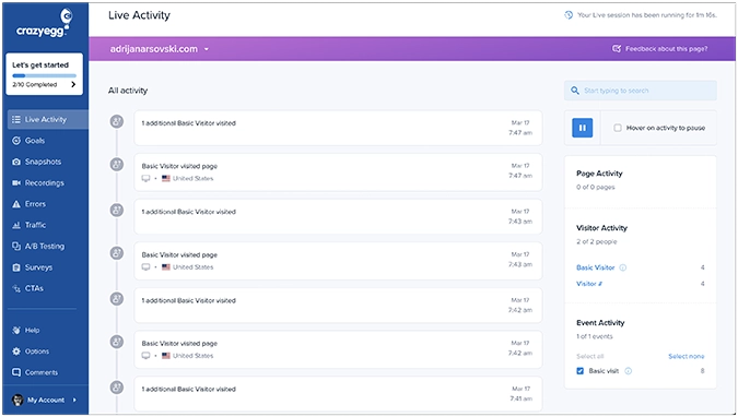 Crazy Egg dashboard