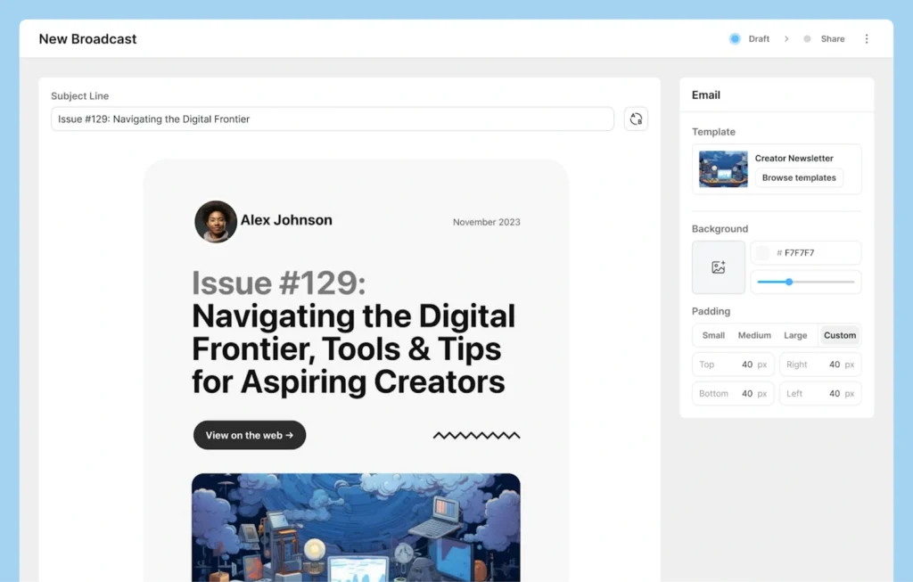 Editing a creator newsletter in Kit