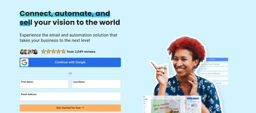 Mailchimp alternative, Aweber homepage. This shows a sign-up form and an email editor.