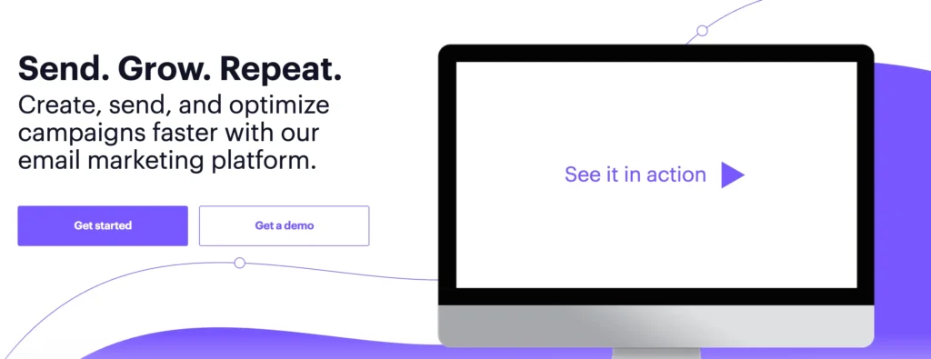 Competitor to Mailchimp, Campaign Monitor. This shows the homepage with a computer screen to the right.