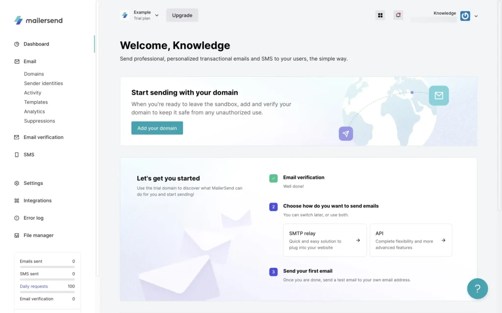 MailerSend's dashboard. MailerSend is the best free smtp server for strictly transactional emails