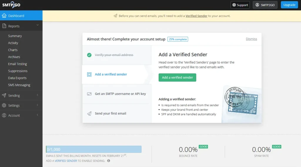 SMTP2GO's  dashboard. SMTP2GO is the best free smtp service for easy setup