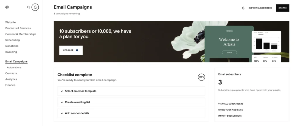 Dashboard of Squarespace Email Campaigns, a Flodesk alternative