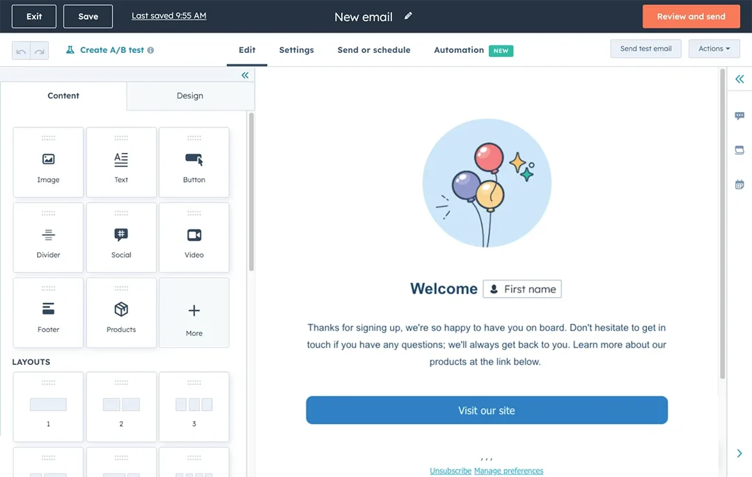Screenshot of HubSpot's email editor. HubSpot is a cheap email marketing platform
