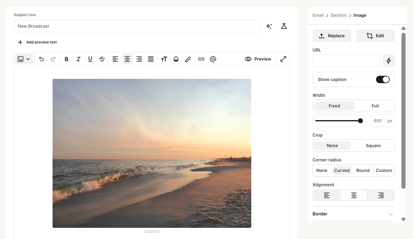 Screenshot of Kit's email editor. Kit is a cheap email marketing platform