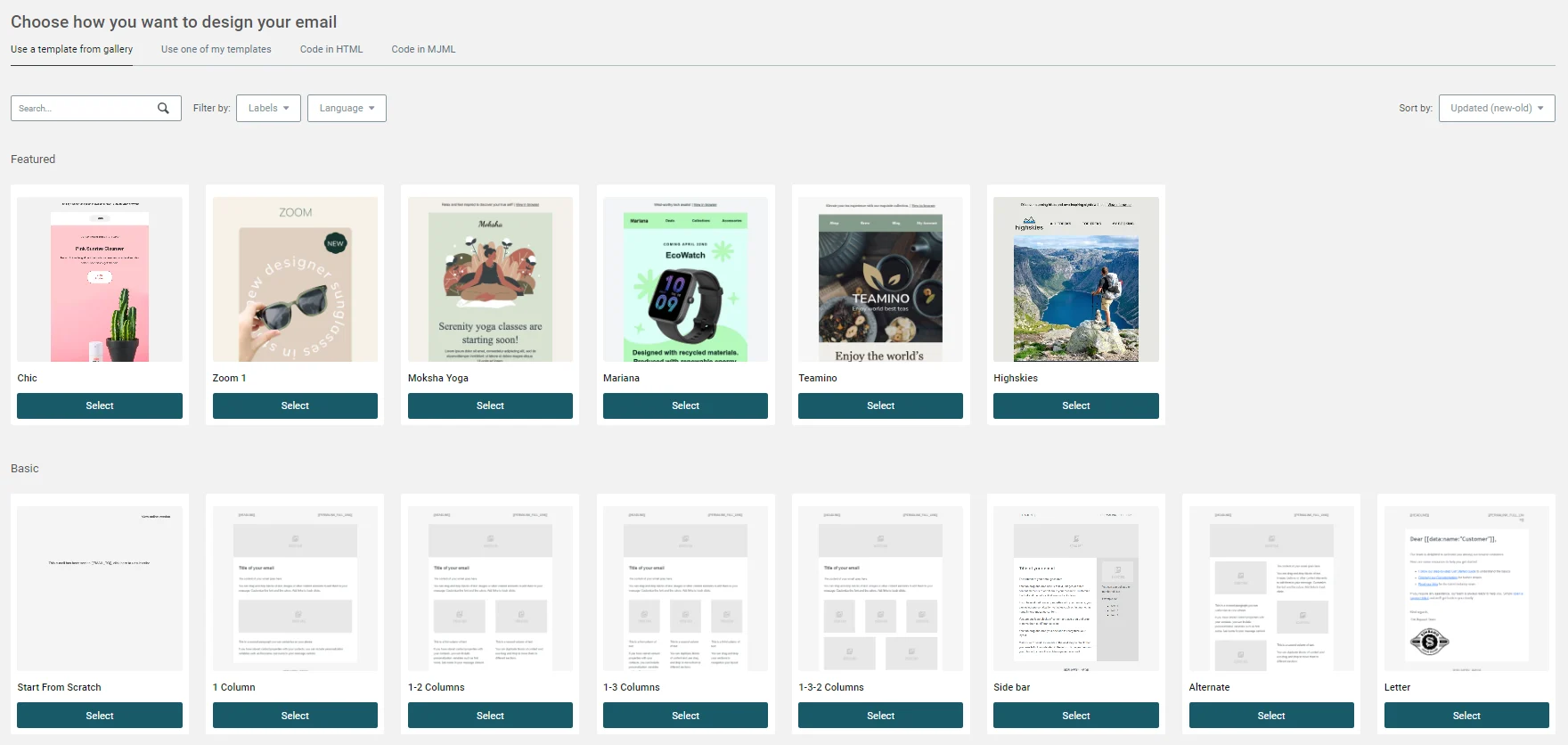 Screenshot of the template gallery by Mailjet, a cheap email marketing service. 