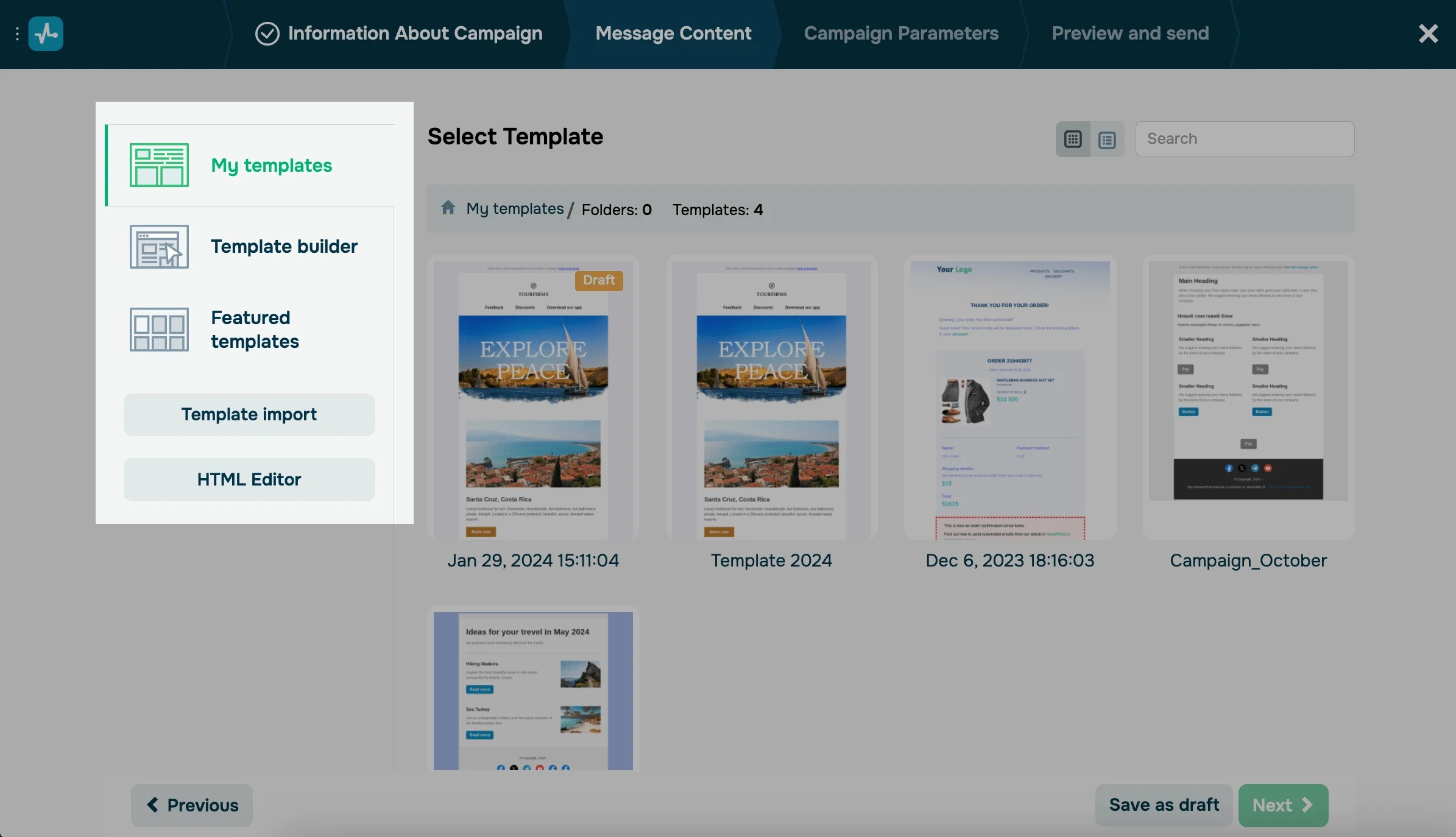 Screenshot of the template gallery by SendPulse, a cheap email marketing service. 