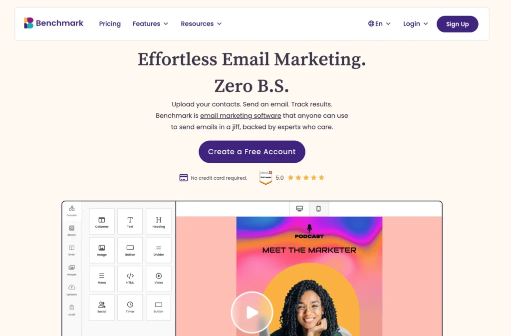 Benchmark homepage. Benchmark is a popular email marketing service