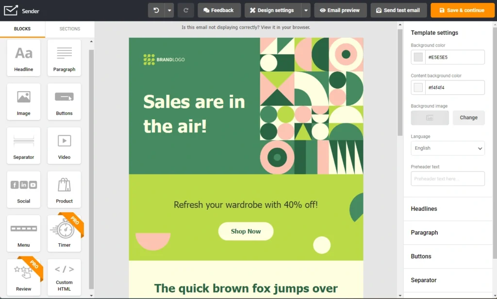 Drag-and-drop editor provided by Sender, an email marketing platform