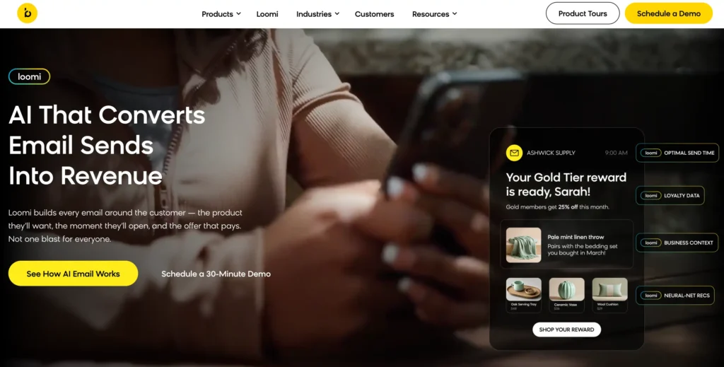 Bloomreach CDP's homepage with the title "AI That Converts Email Sends Into Revenue"