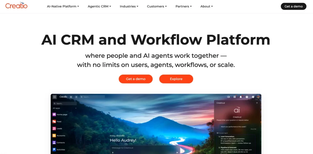 Homepage of Creatio, a popular customer engagement platform