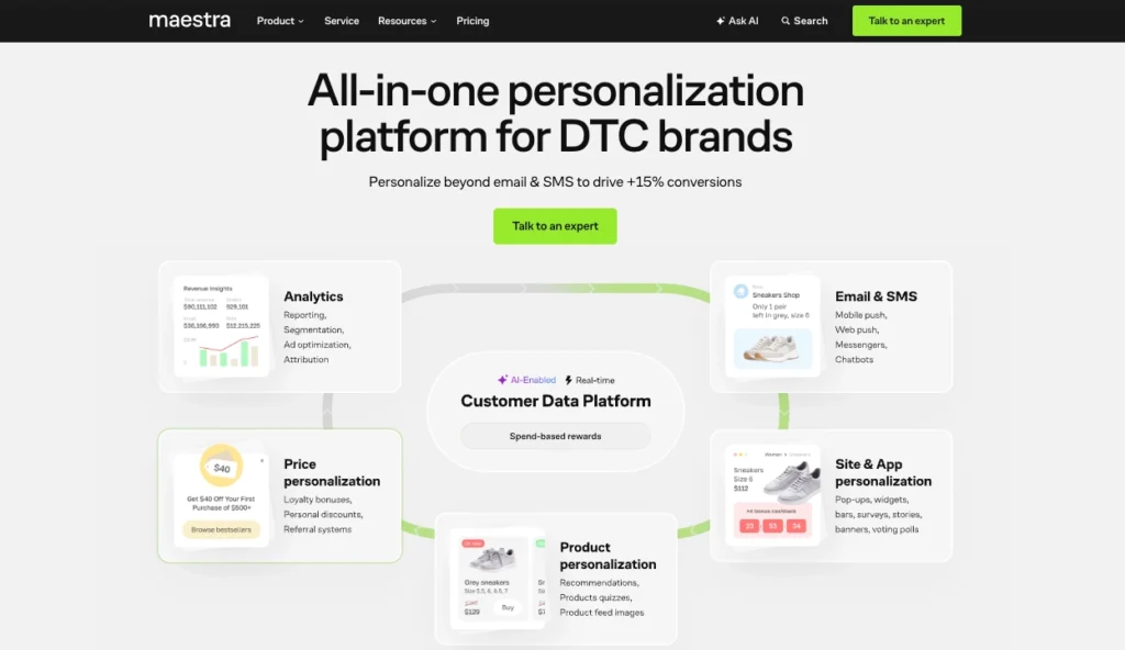 Maestra's homepage with the title "All-in-one personalization platform for DTC brands"