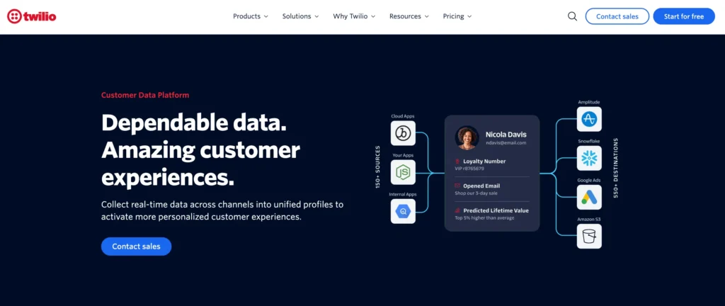 Twilio Segment's homepage with the title "Dependable data. Amazing customer experiences."