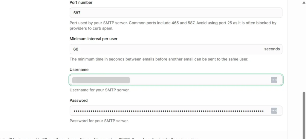 Port, username, and SMTP key