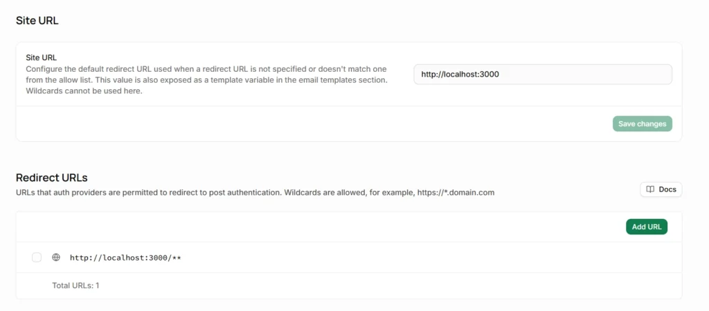Site URL and Redirect URLs in Supabase > Authentication > URL Configuration