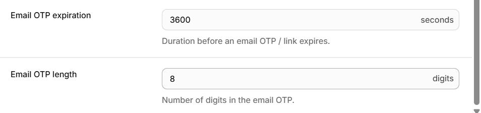 Email OTP expiration and length in Supabase > Authentication > Sign In / Providers > Email