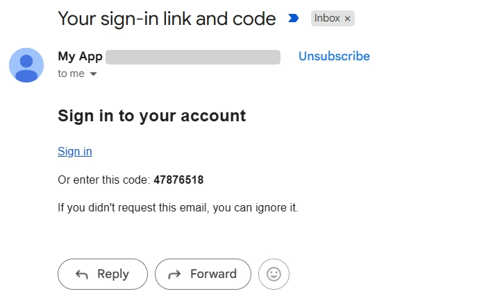 The combined email in Gmail, sent through Brevo: a Sign in link and an 8-digit code
