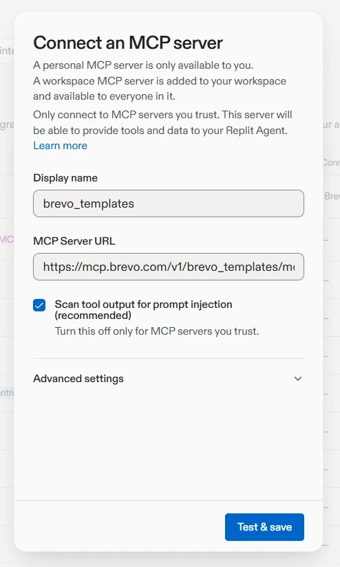 Replit MCP server dialog with brevo_templates as display name and the Brevo module URL