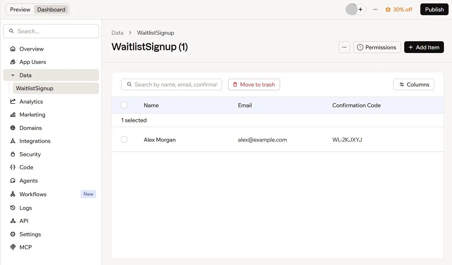 Base44 dashboard showing the WaitlistSignup data table with name, email and confirmation code