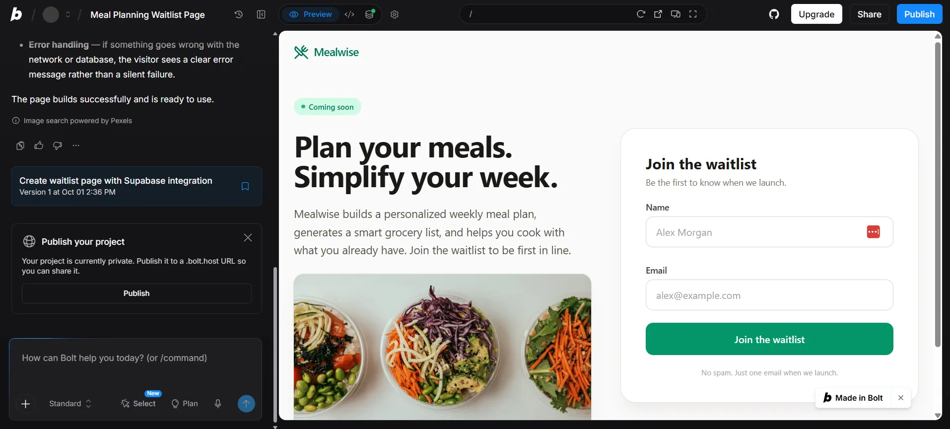 Bolt prompt and summary on the left and the running meal planning waitlist page on the right