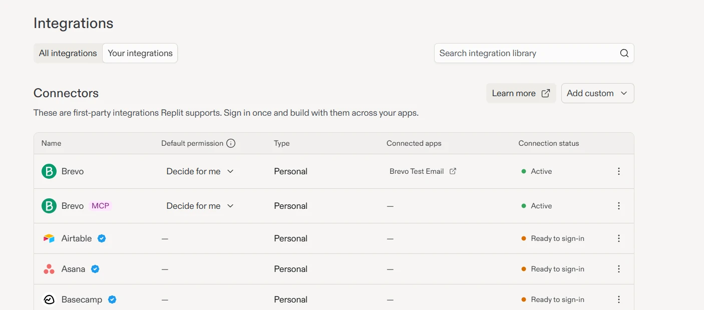 Replit Integrations list showing the Brevo connector and Brevo MCP server, both Active