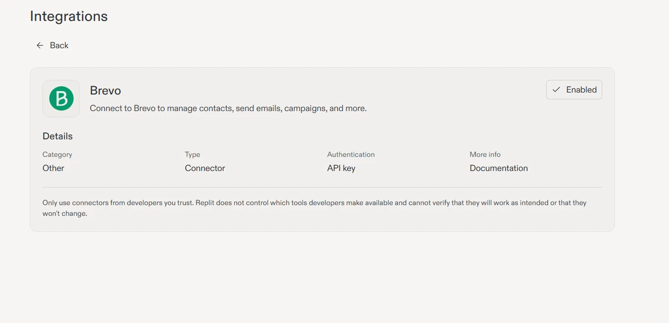 Brevo connector in Replit Integrations with Enabled status and API key authentication
