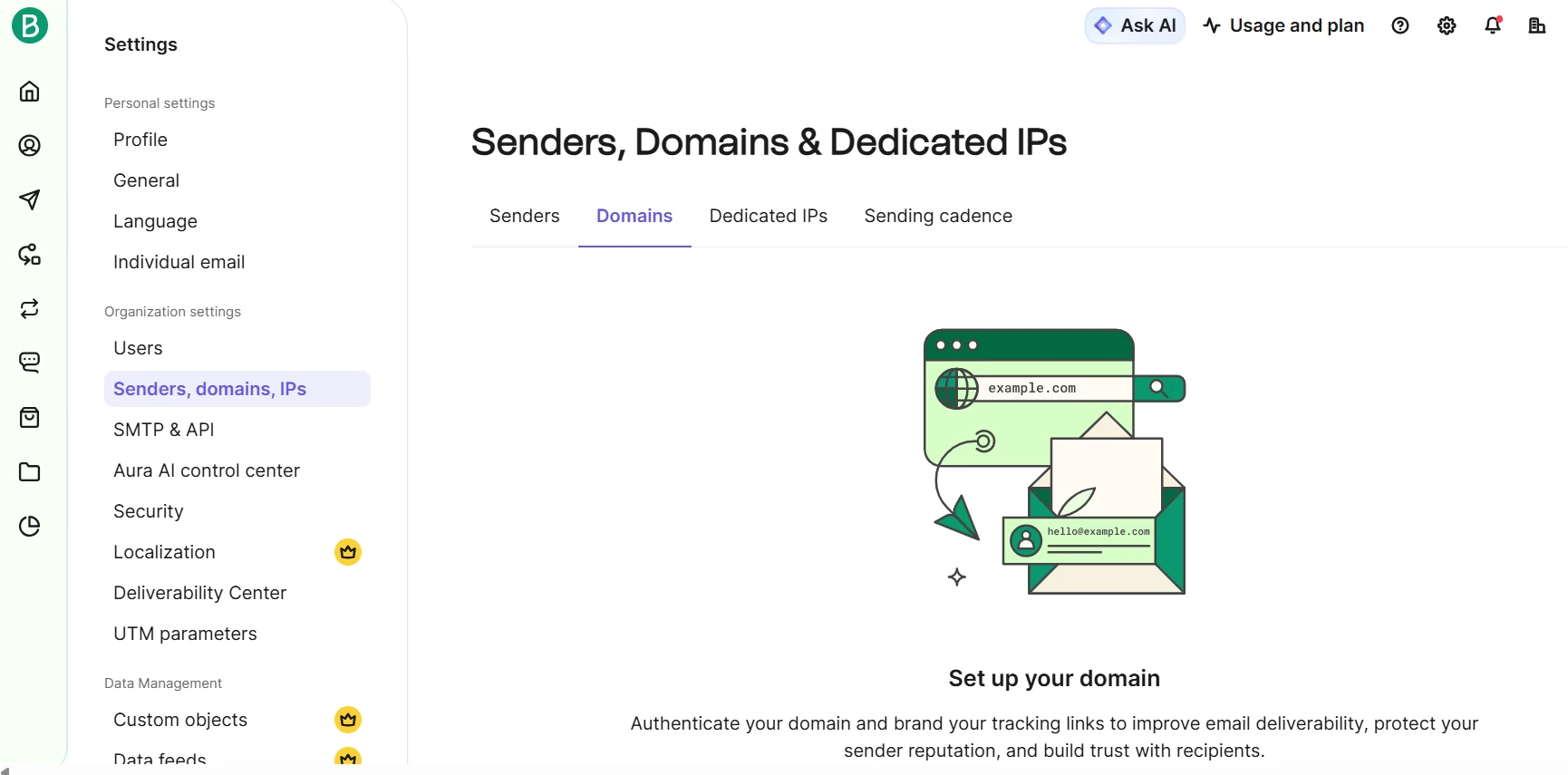 Brevo Settings page on the Domains tab, showing the Set up your domain screen