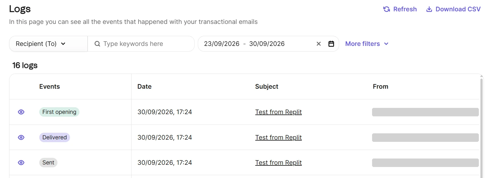 Brevo transactional logs of a vibe-coded Replit app test email: sent, delivered, first opening