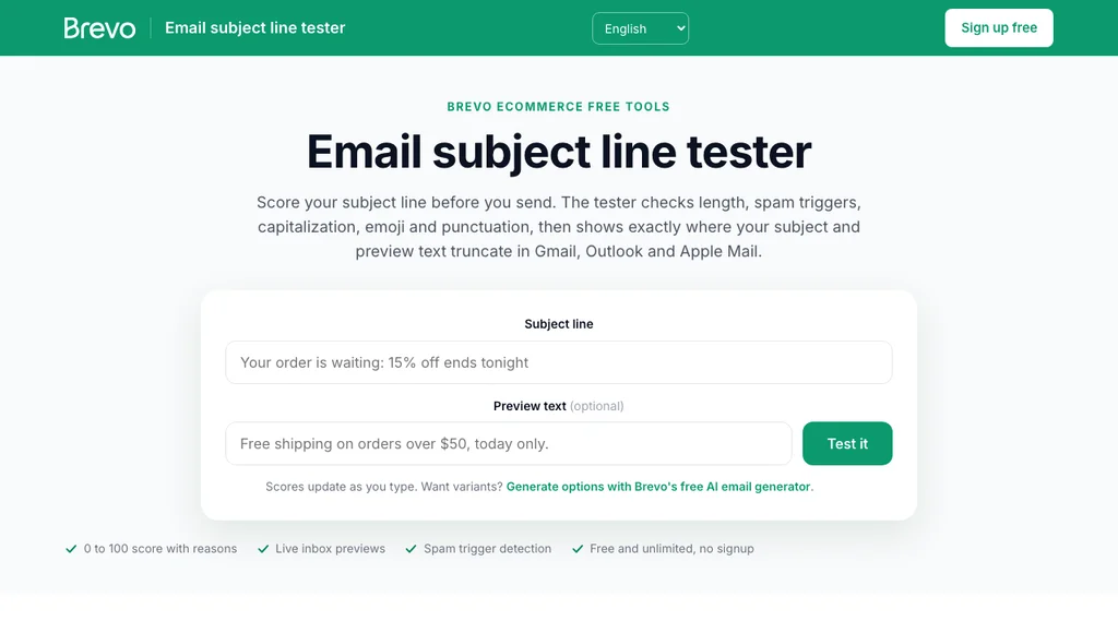 Email subject line tester with subject and preview text fields