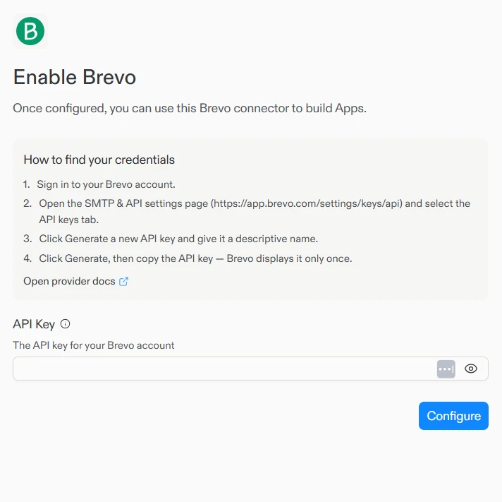 Enable Brevo window in Replit with setup steps, an API Key field and a Configure button