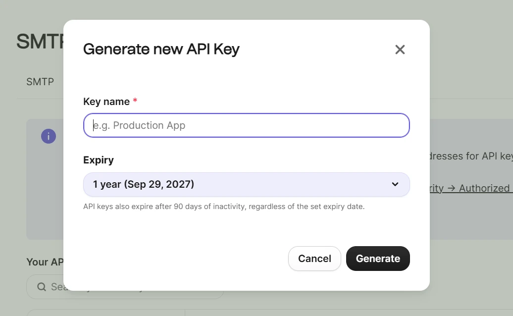Brevo Generate new API Key dialog with an empty key name field and a one-year expiry selected