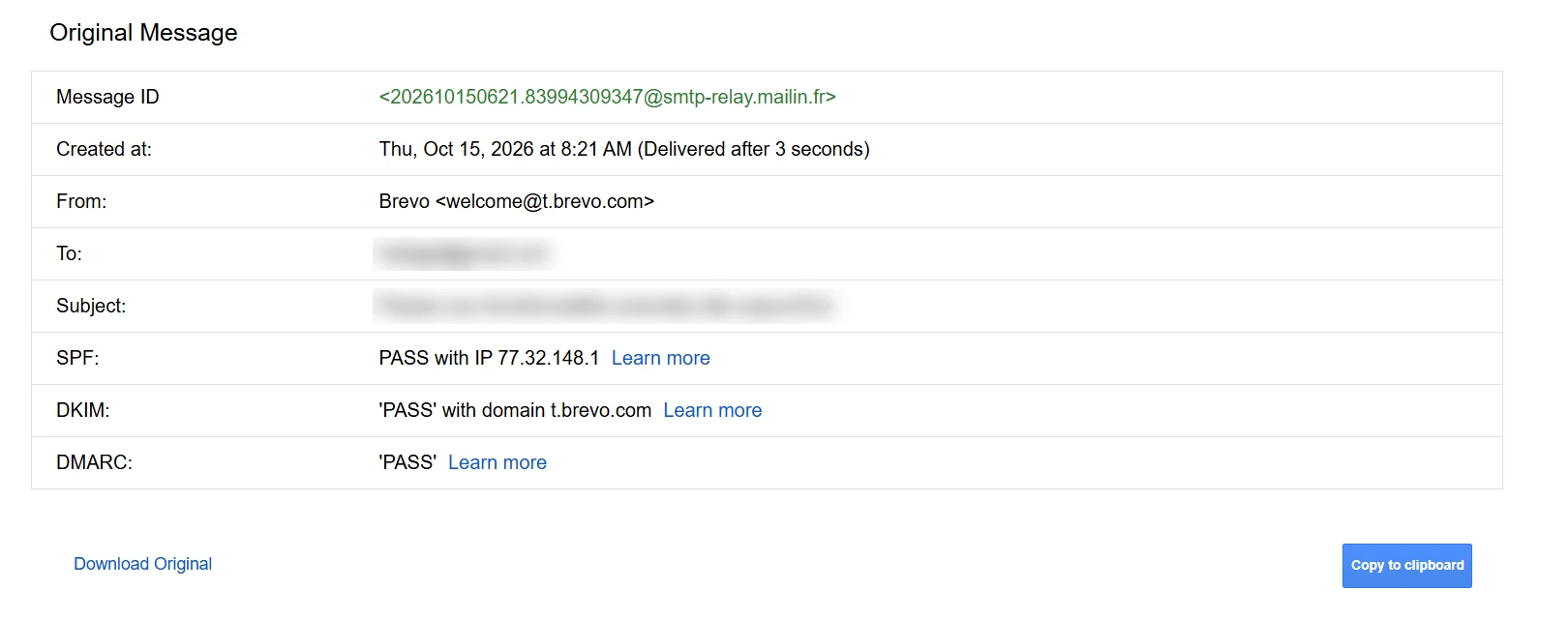 Gmail Show original view with SPF, DKIM and DMARC all showing PASS