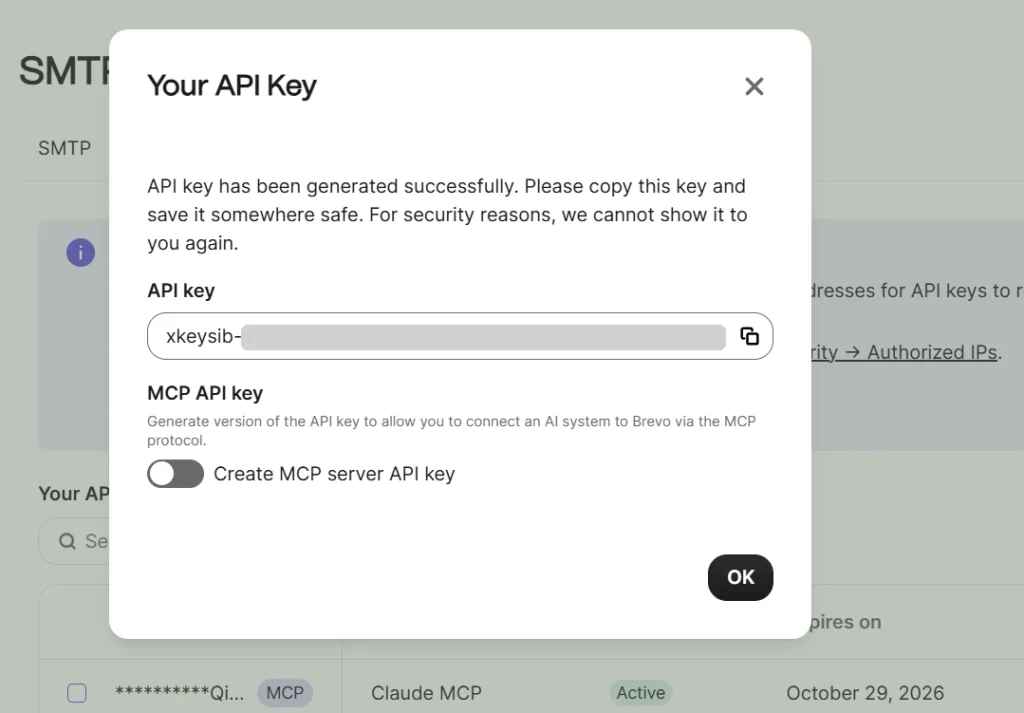 The "Your API Key" window in Brevo, right after generating a key (key masked)