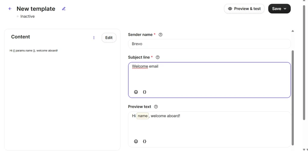 A welcome template in Brevo with {{ params.name }} in the email body