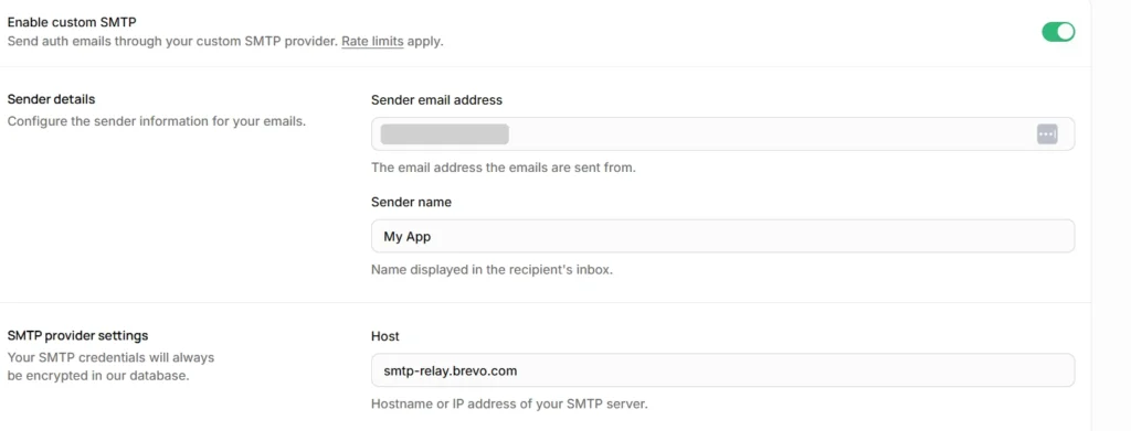 Sender details and host in Supabase > Authentication > Emails > SMTP Settings (address masked)
