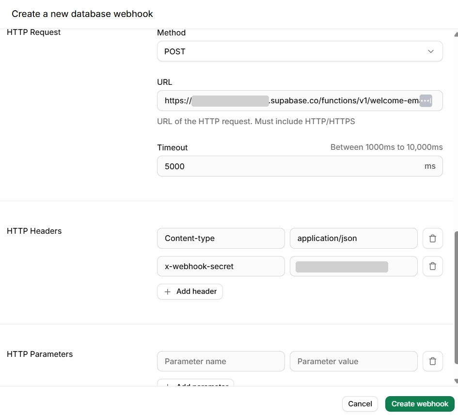 The database webhook's HTTP request settings, with the x-webhook-secret header (values masked)