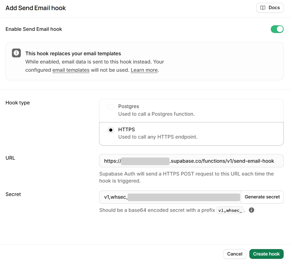 Adding a Send Email hook in Supabase > Authentication > Auth Hooks (project ID and secret masked)
