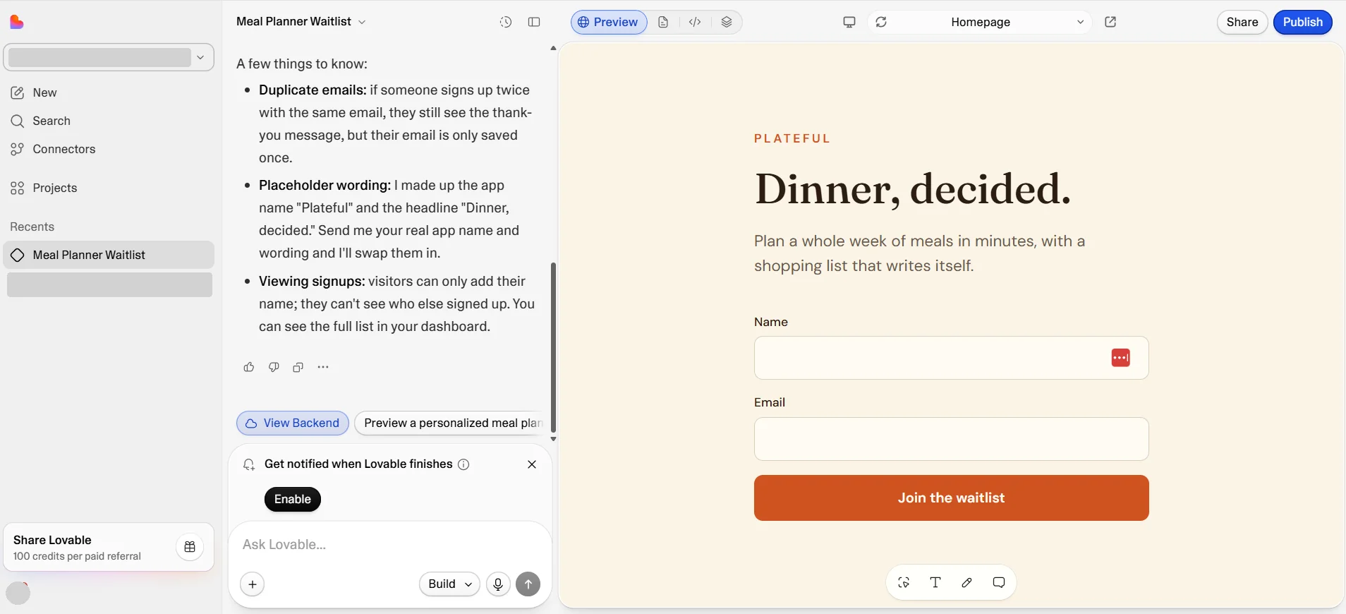 Lovable chat on the left and the generated meal planner waitlist page on the right